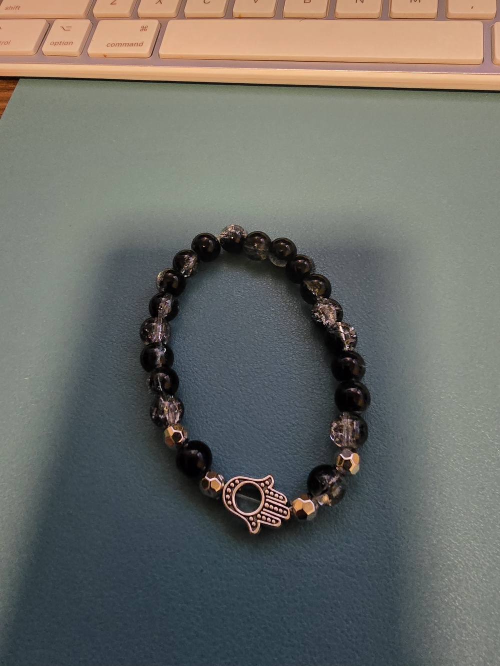 Handmade Black Crackle Glass Beaded Hamsa Charm Stretch Bracelet